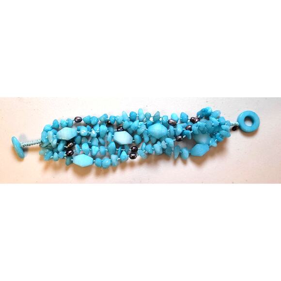 Multistrand Turquoise Glass Statement Toggle Clasp Chunky Bracelet Boho Y2K 8" - Picture 3 of 6